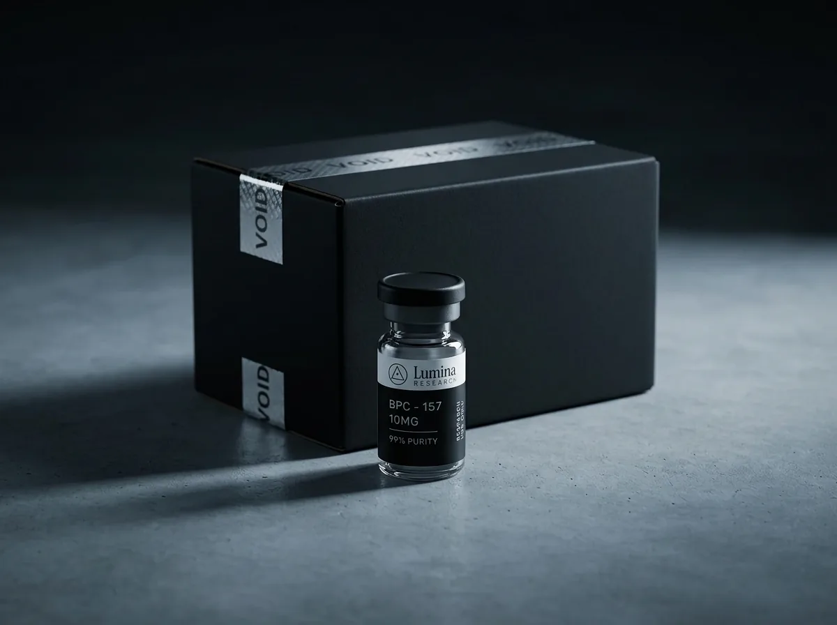 Sealed Lumina Research shipping box with a tamper-evident vial beside it