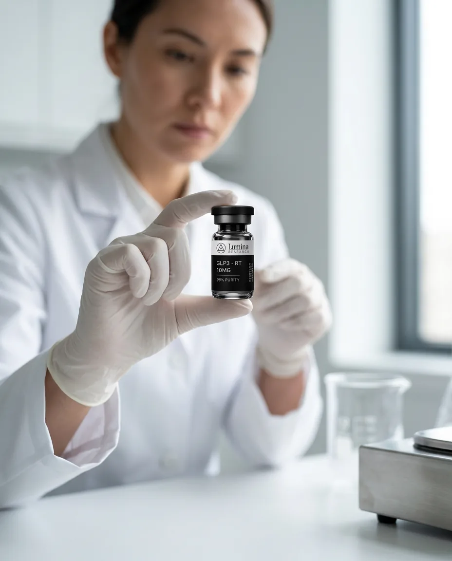 Scientist in a lab coat inspecting a Lumina Research vial in natural light