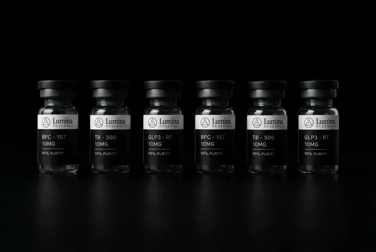 A row of six Lumina Research vials arranged for a bulk order