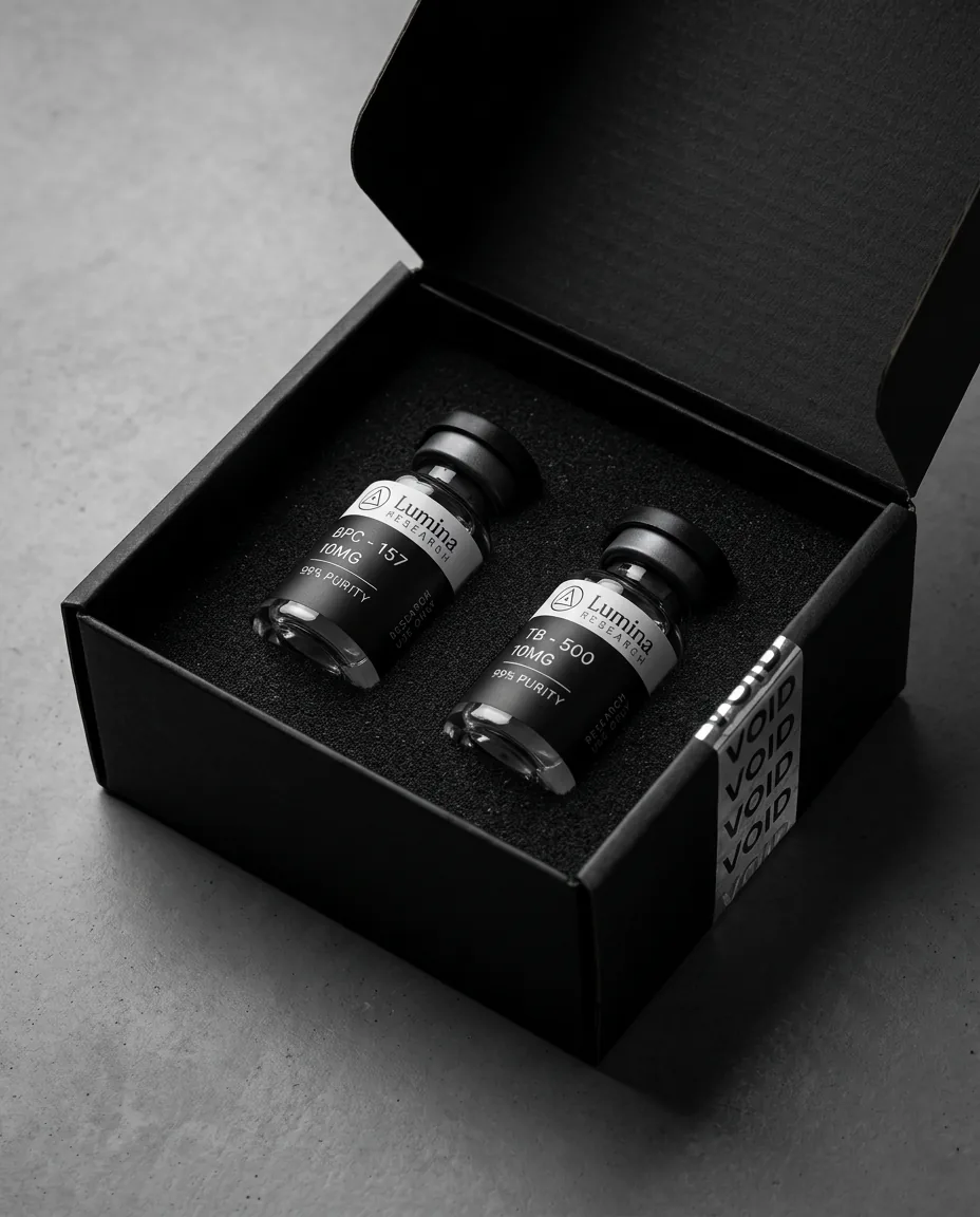 Two Lumina Research vials sealed inside a matte black shipping box with tamper-evident tape