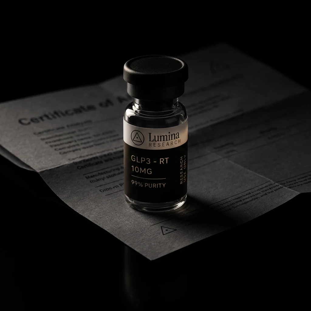 Lumina Research vial with a certificate of analysis and wax seal