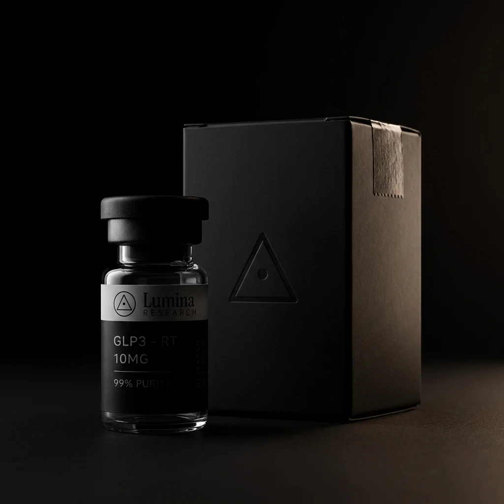 Lumina Research vial beside a sealed black shipping box