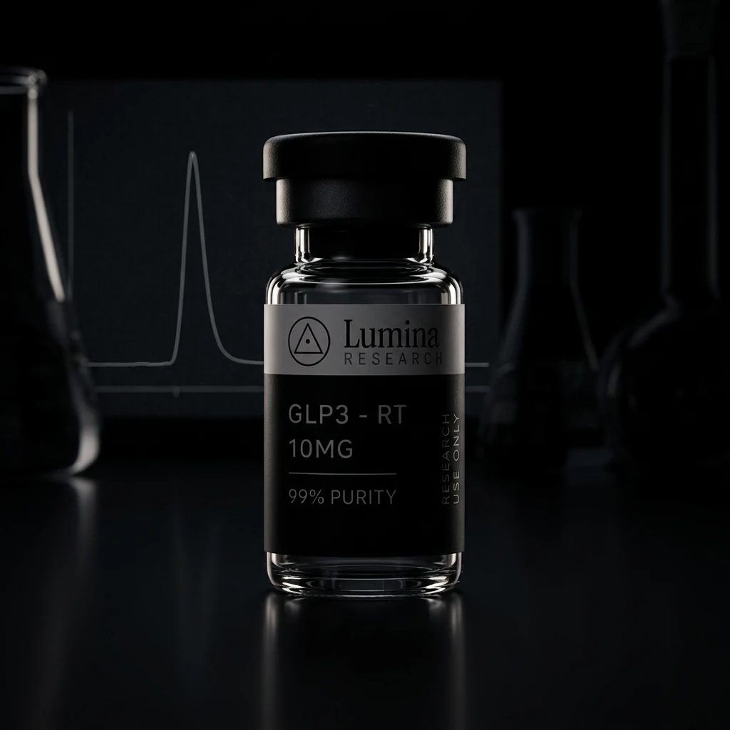 Lumina Research vial in front of an HPLC system with a chromatogram readout