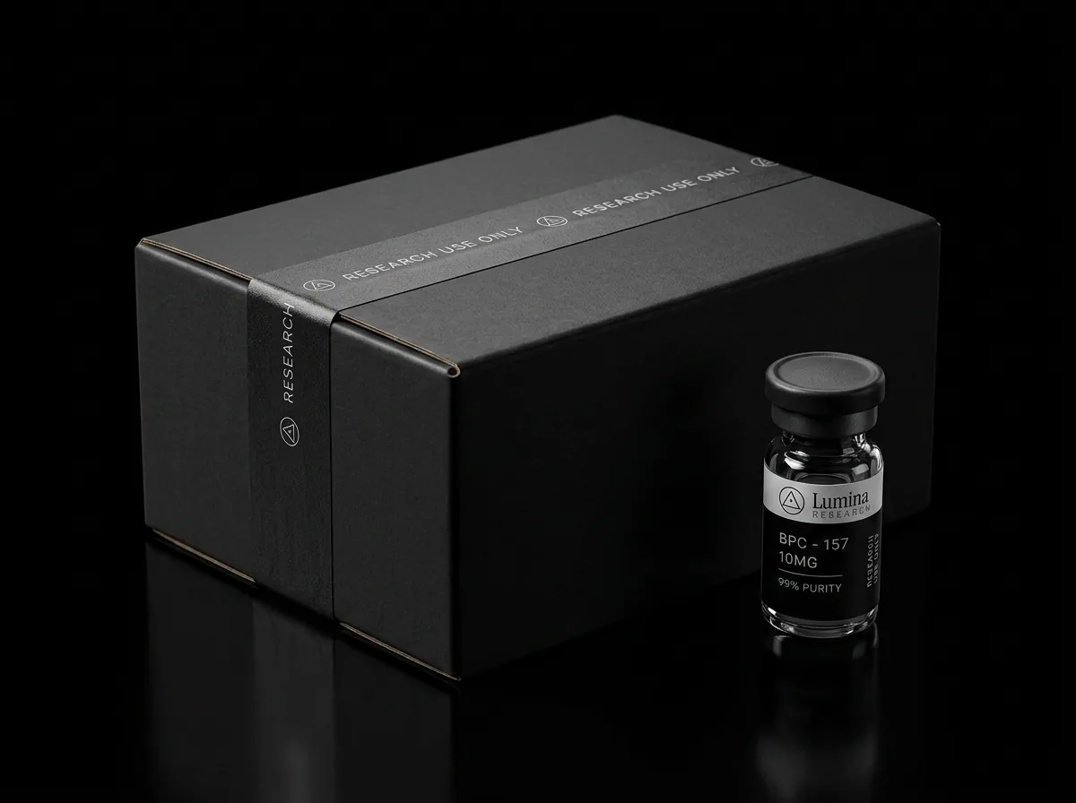 Plain shipping box with tamper-evident tape and a sealed vial