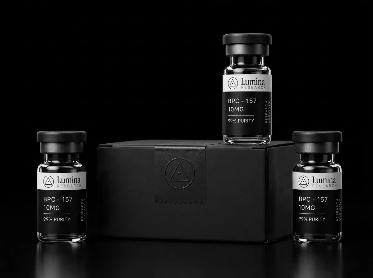 Sealed Lumina Research vials next to a plain shipping box